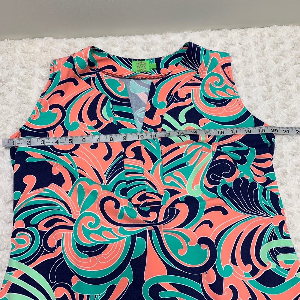 Katherine Way Sleeveless Split Neck Colorful Shift Dress Sz L - Picture 9 of 13